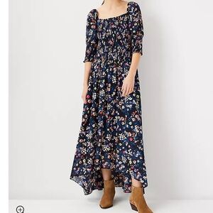 Ann Taylor Floral Smocked Maxi Dress Navy Size 14 Wedding Guest